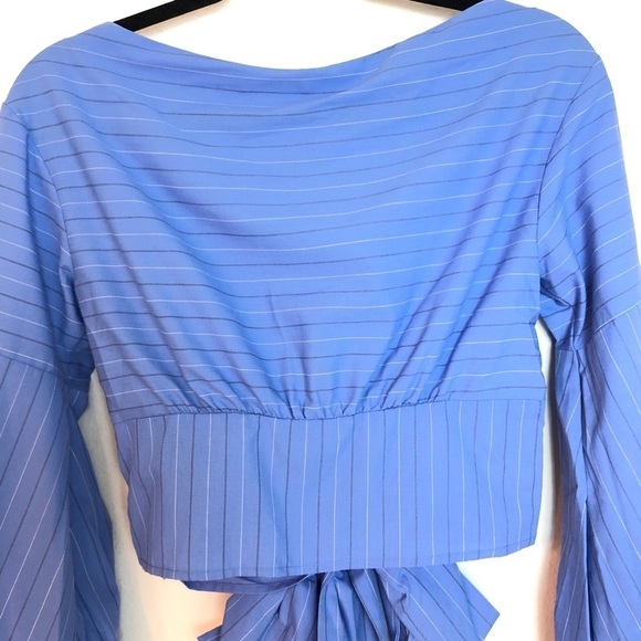 NWT LIKELY FRONT TIE TOP M Blue long sleeve striped top cropped cotton shirt - Picture 10 of 12